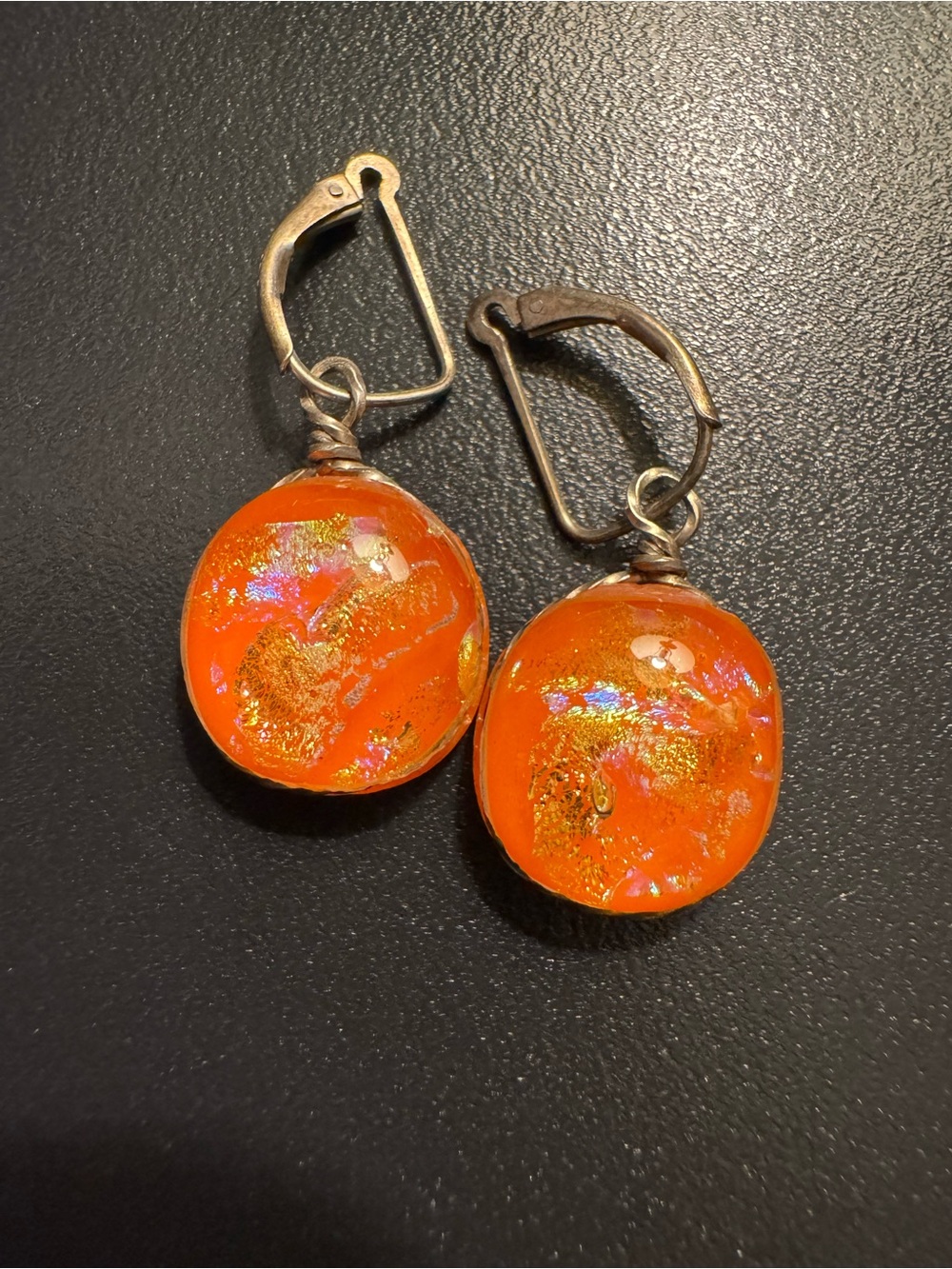 Artisan Orange Dichroic Glass 925 Sterling Silver Leverback Earrings 1.25”